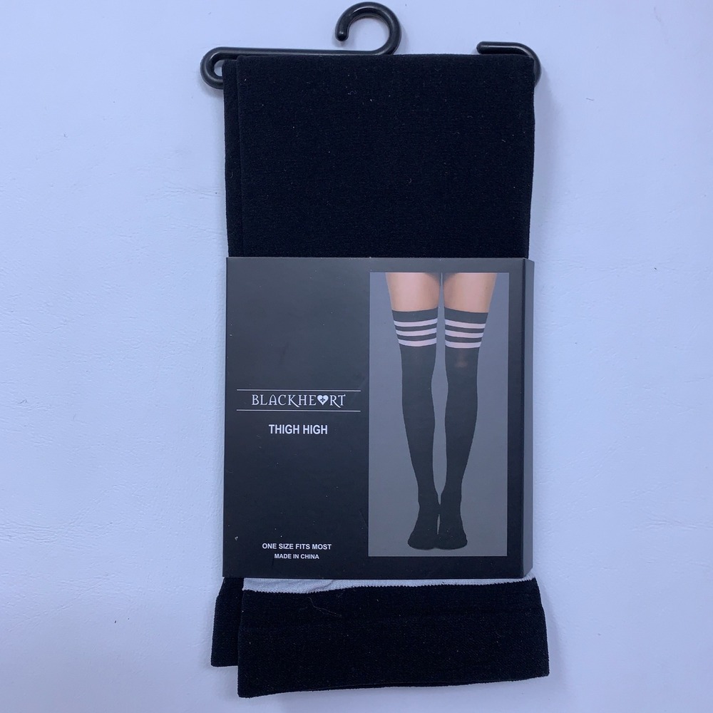Blackheart Womens OS Black White Varsity Stripe Thigh High Socks NWT